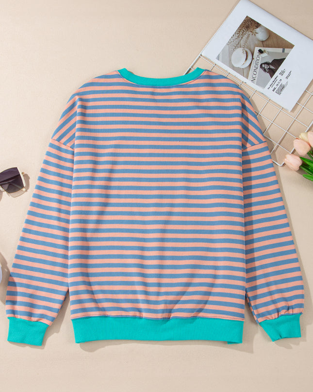 Blue Striped Contrast Trim Drop Shoulder Sweatshirt
