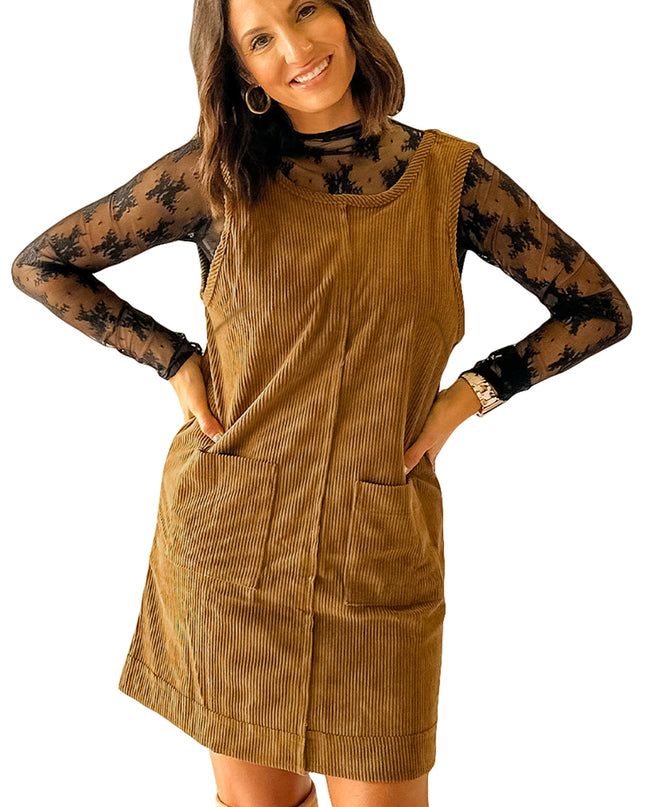 Black Corduroy Exposed Seam Sleeveless Mini Dress