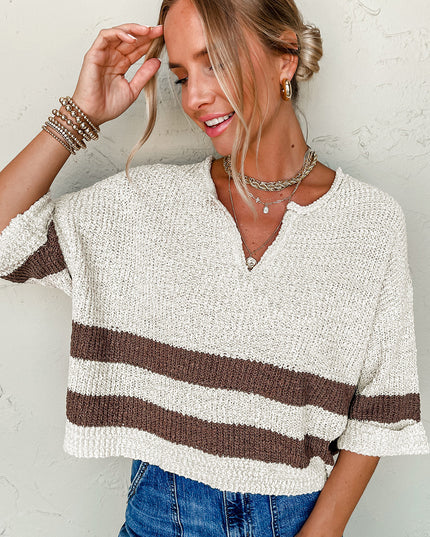 Brown Stripe Cropped Drop Sleeve Sweater