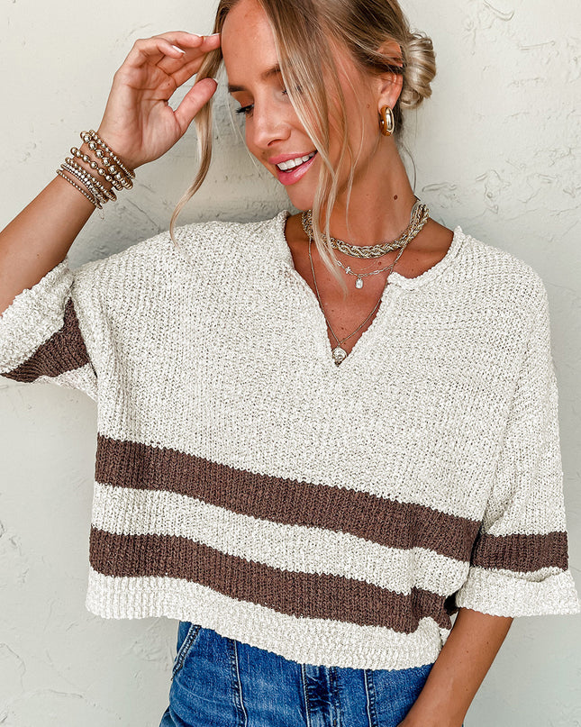 Brown Stripe Cropped Drop Sleeve Sweater