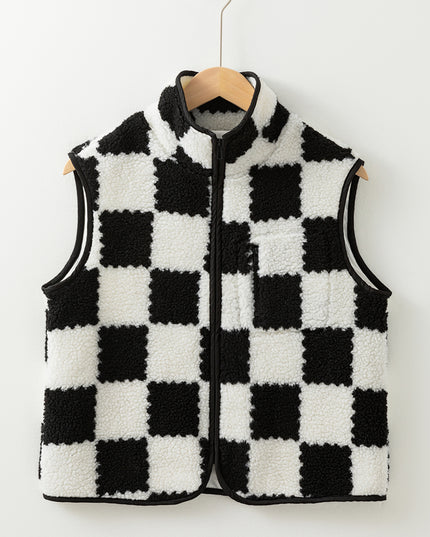 Khaki Checkered Sherpa Collared Jacket Vest