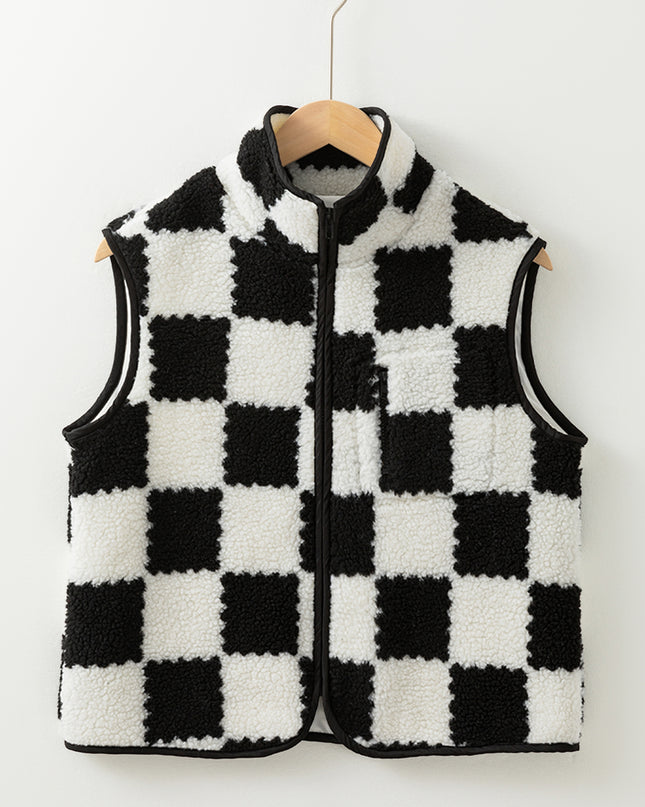 Khaki Checkered Sherpa Collared Jacket Vest
