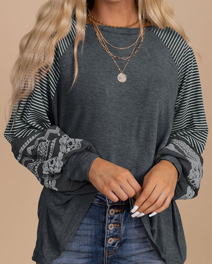 Rose Red Contrast Print Striped Raglan Long Sleeve Loose Top