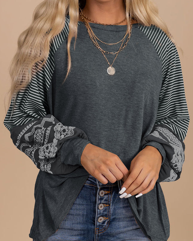 Rose Red Contrast Print Striped Raglan Long Sleeve Loose Top