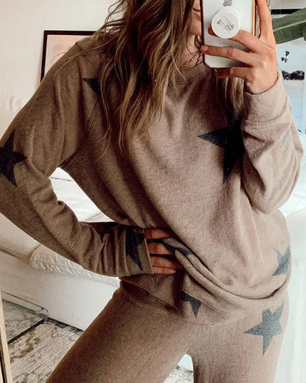 Khaki Retro Star Print Long Sleeve Pullover Drawstring Wide Leg Pajama Set