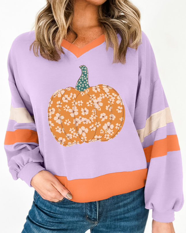 Orchid Bouquet Floral Pumpkin Graphic Color Block Sleeve Sweatshirt