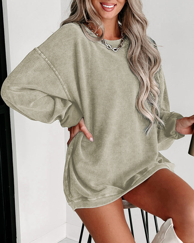 Green Ribbed Round Neck Drop Sleeve Pullover Sweatshirt