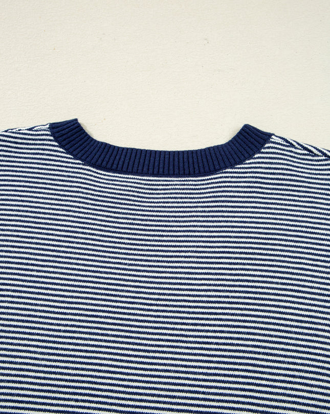 Blue Striped Colorblock Patchwork Dolman Oversize Tunic Sweater