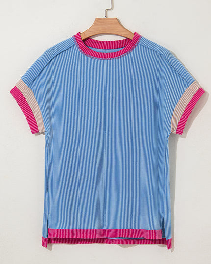 Rose Red Textured Colorblock Round Neck T Shirt