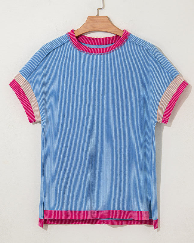 Rose Red Textured Colorblock Round Neck T Shirt