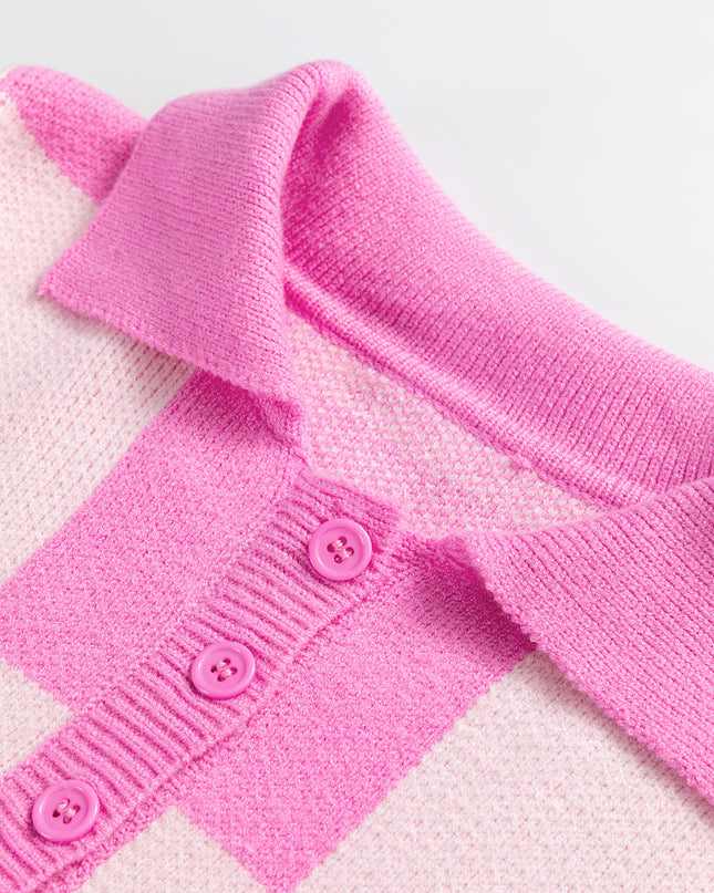 Pink Checkered Button Collared Sweater