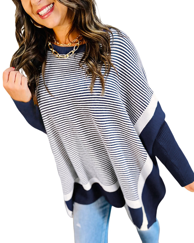 Blue Striped Colorblock Patchwork Dolman Oversize Tunic Sweater