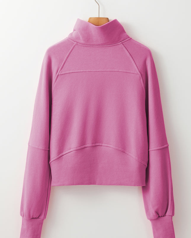 Black Zip Up Stand Collar Ribbed Thumbhole Sleeve Sweatshirt