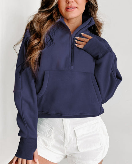 Black Zip Up Stand Collar Ribbed Thumbhole Sleeve Sweatshirt