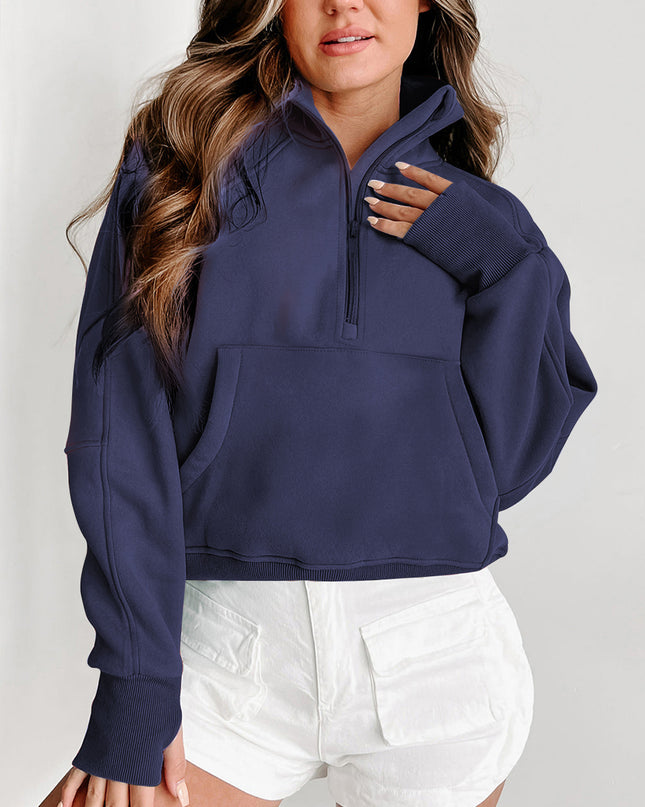 Black Zip Up Stand Collar Ribbed Thumbhole Sleeve Sweatshirt