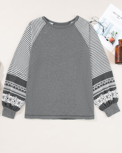 Rose Red Contrast Print Striped Raglan Long Sleeve Loose Top
