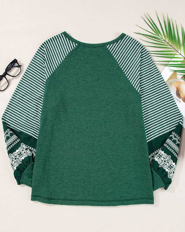 Rose Red Contrast Print Striped Raglan Long Sleeve Loose Top