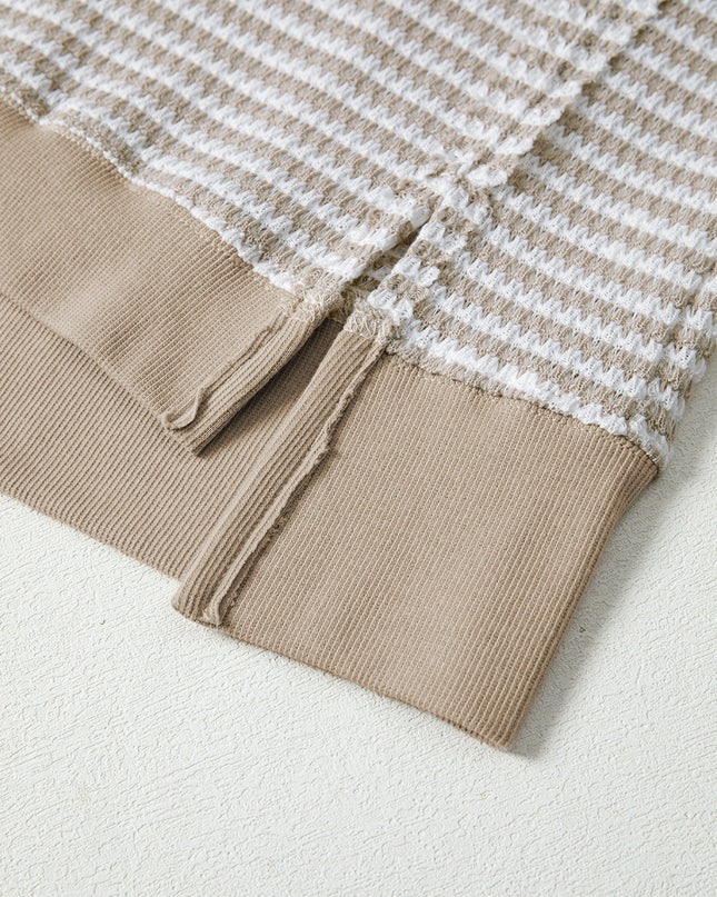 Brown Stripe Ribbed Trim Drop Shoulder Long Sleeve Oversized Top