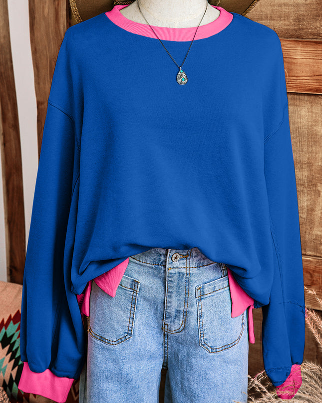 Blue Contrast Trim Bubble Sleeve Sweatshirt