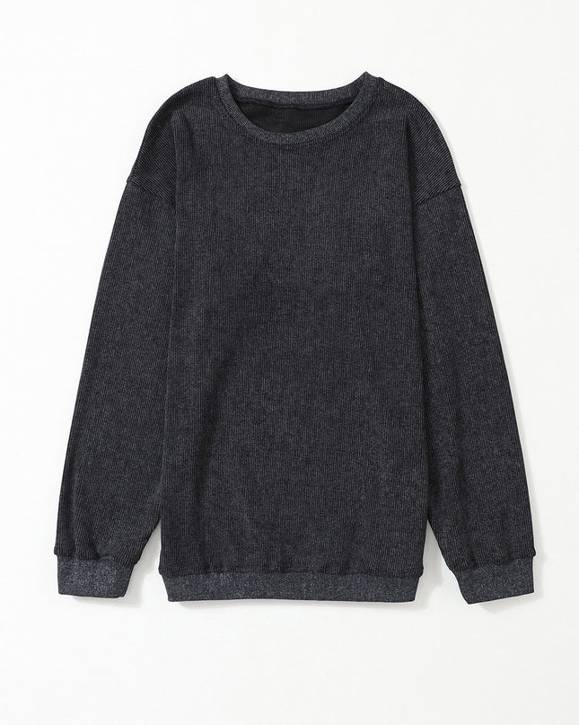 Green Ribbed Round Neck Drop Sleeve Pullover Sweatshirt
