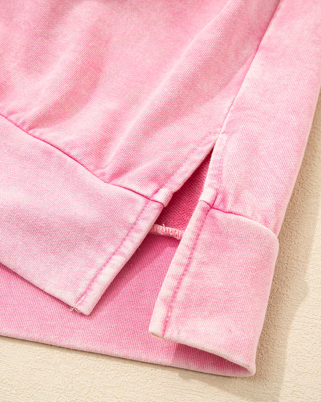 Bright Pink Mineral Wash Waffle Bow Patched Pullover Sweatshirt