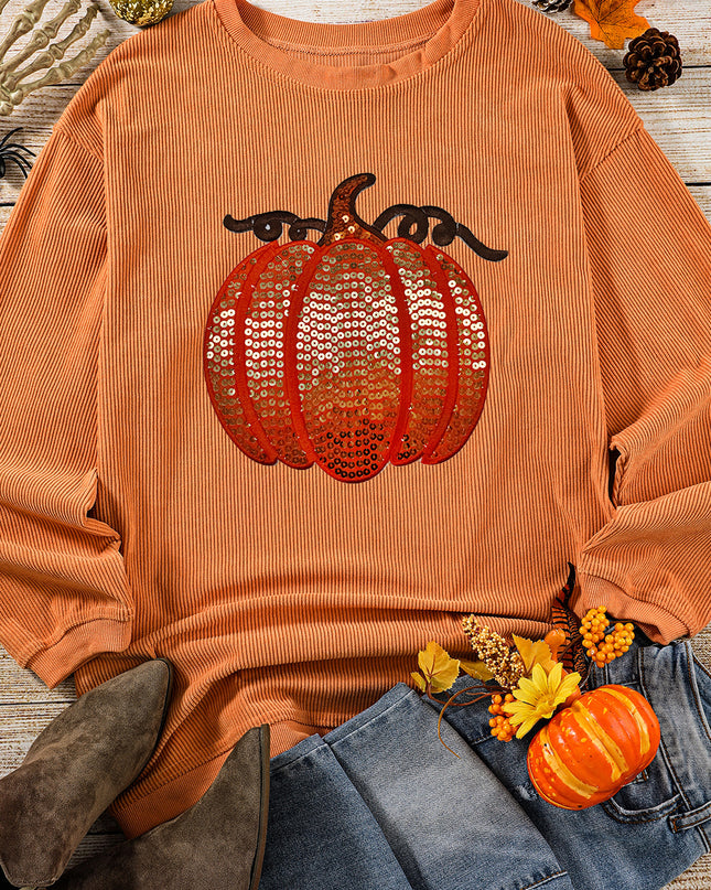 Orange Crinkle Ribbed Halloween Sequin Pumpkin Graphic Sweatshirt