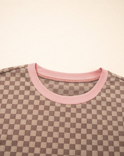 Sky Blue Checkerboard Contrast Trim Long Sleeve Pullover and Shorts Set