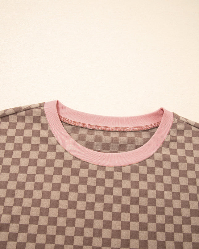 Sky Blue Checkerboard Contrast Trim Long Sleeve Pullover and Shorts Set