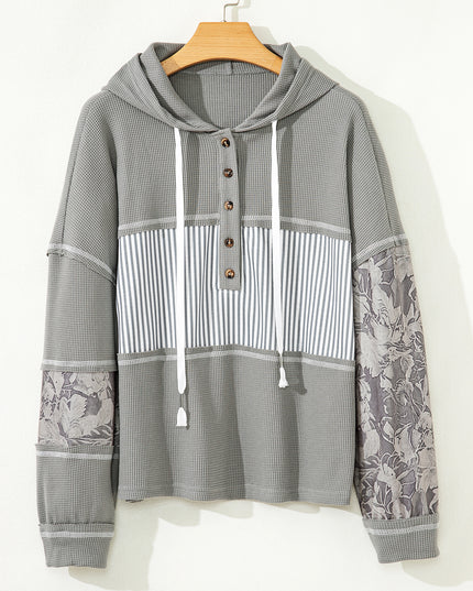 Gray Waffle Patchwork Drawstring Hooded Long Sleeve Top