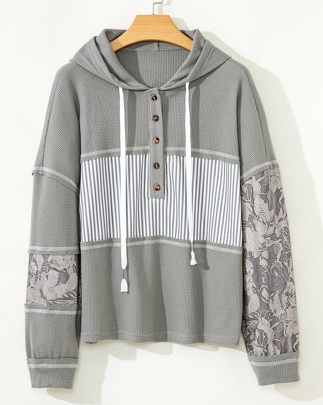 Gray Waffle Patchwork Drawstring Hooded Long Sleeve Top