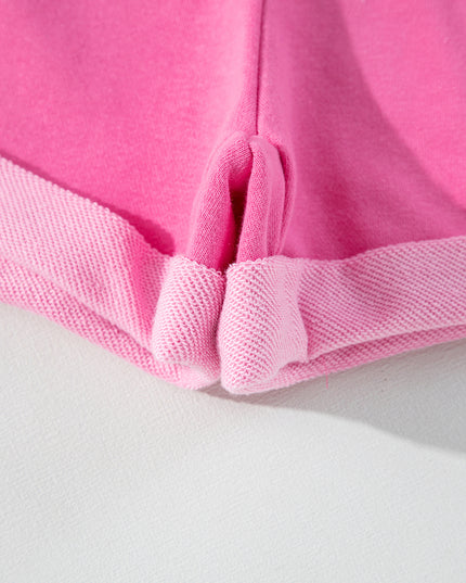 Sachet Pink Patchwork Long Sleeve Pullover and Shorts Set