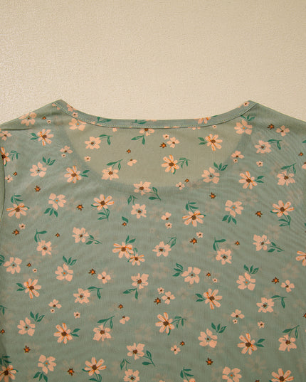 Laurel Green Vintage Floral Print Mesh Slim Fit Long Sleeve Top