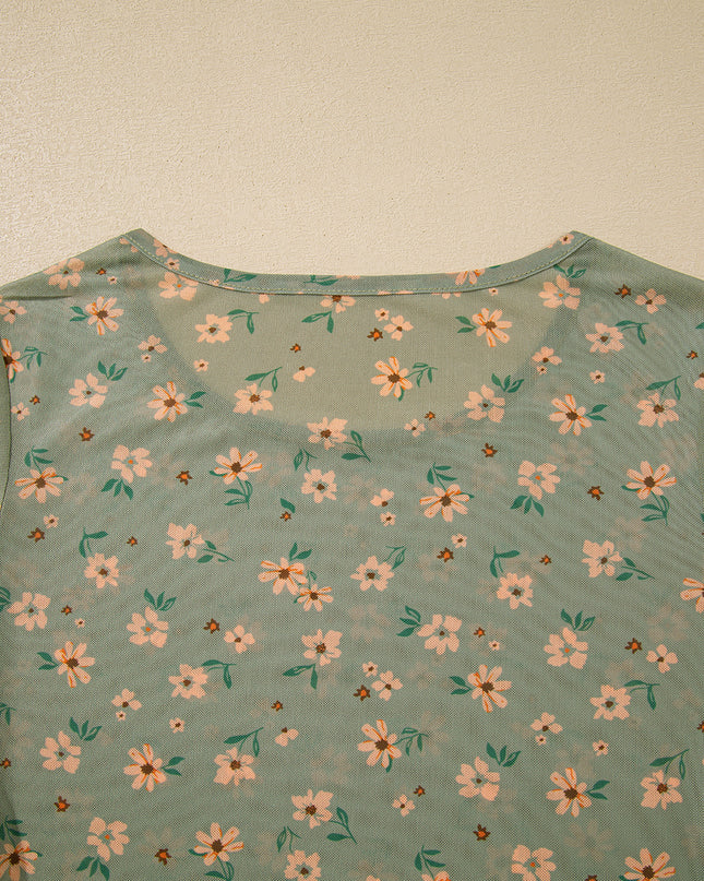 Laurel Green Vintage Floral Print Mesh Slim Fit Long Sleeve Top