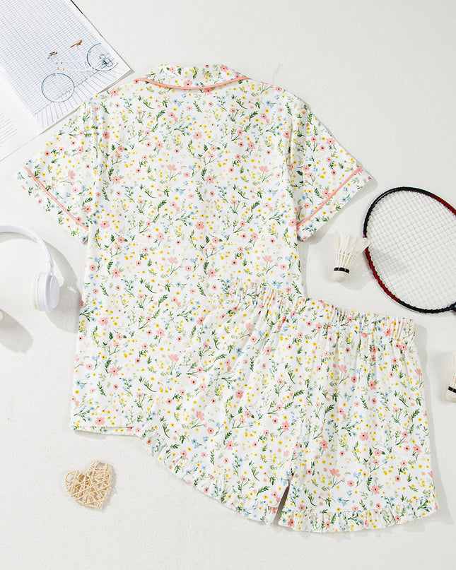 Pink Polka Dot and Bow Print Ruffle Hem Shorts Pajama Set