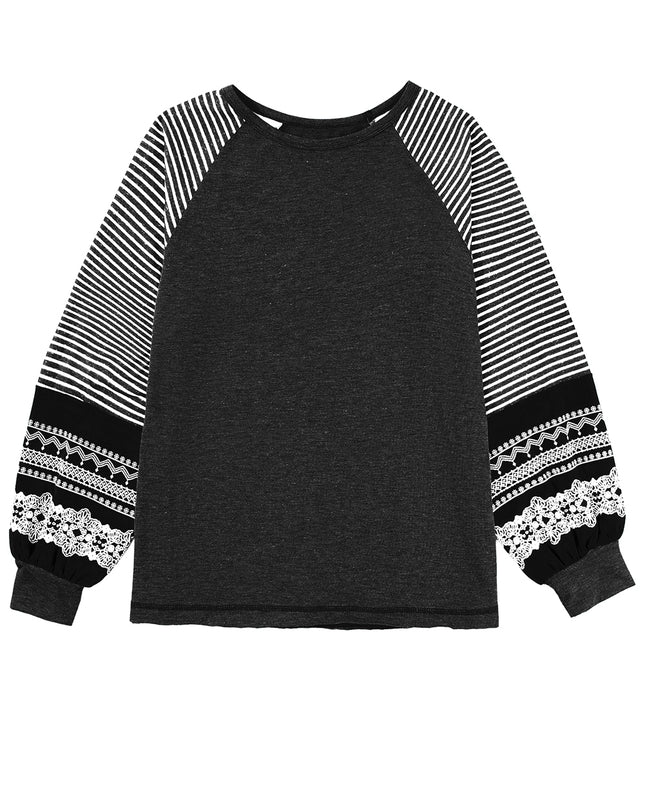 Rose Red Contrast Print Striped Raglan Long Sleeve Loose Top