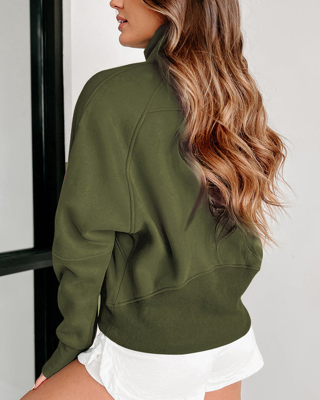 Black Zip Up Stand Collar Ribbed Thumbhole Sleeve Sweatshirt