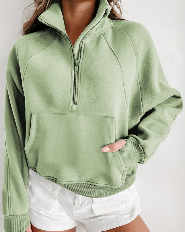 Black Zip Up Stand Collar Ribbed Thumbhole Sleeve Sweatshirt