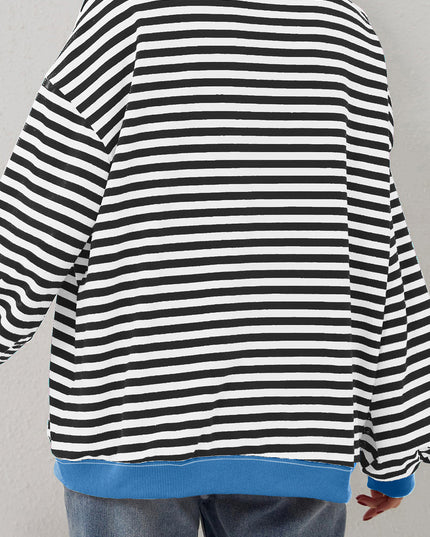Blue Striped Contrast Trim Drop Shoulder Sweatshirt