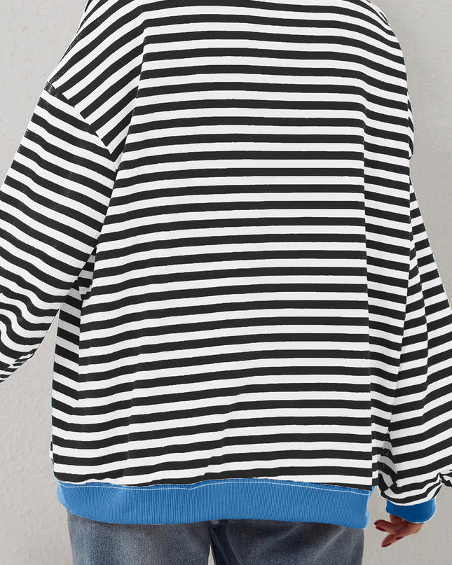 Blue Striped Contrast Trim Drop Shoulder Sweatshirt