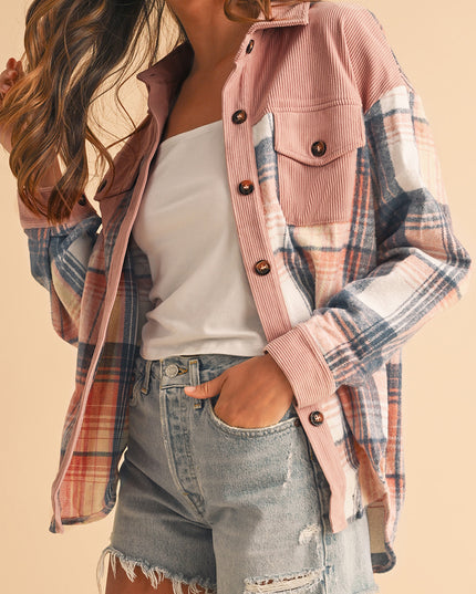Cinnamon Plaid Corduroy Patchwork Pocket Loose Shacket