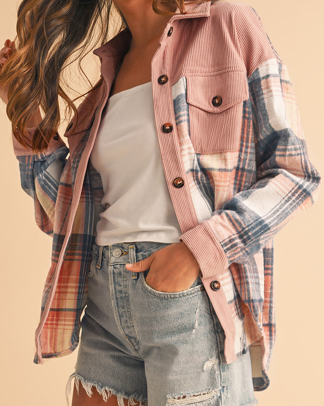Cinnamon Plaid Corduroy Patchwork Pocket Loose Shacket