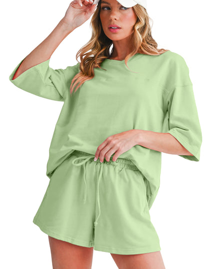 Bonbon Loose V Neck Tee and Drawstring Shorts Set