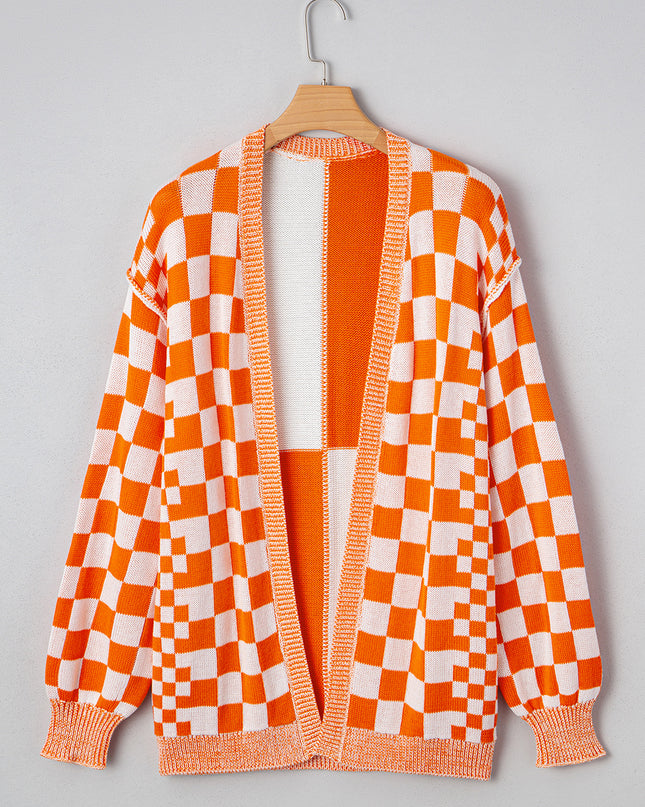 Orange Checkered Open Front Drop Shoulder Cardigan
