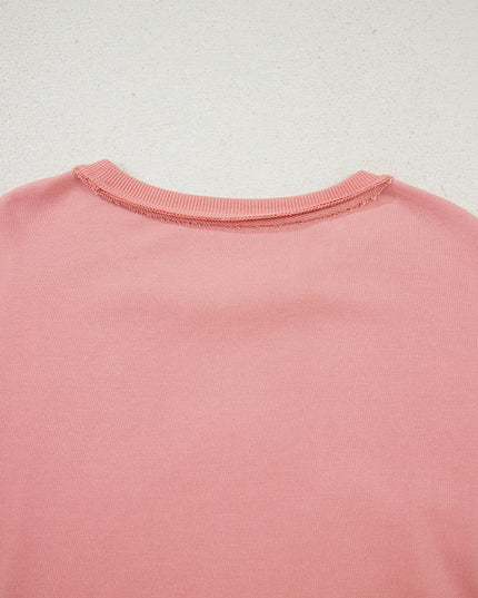Peach Blossom Flower Applique Patchwork Drop Sleeve Pullover Sweatshirt