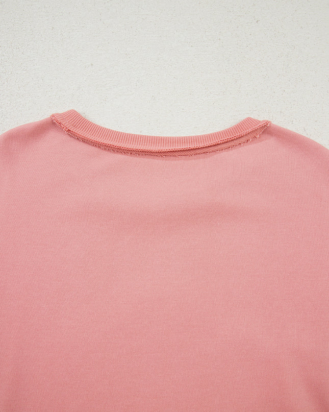 Peach Blossom Flower Applique Patchwork Drop Sleeve Pullover Sweatshirt