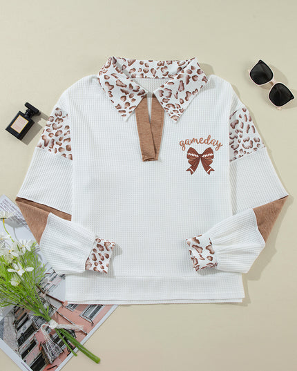 White game day Bow Embroidered Leopard Patchwork Collared Top