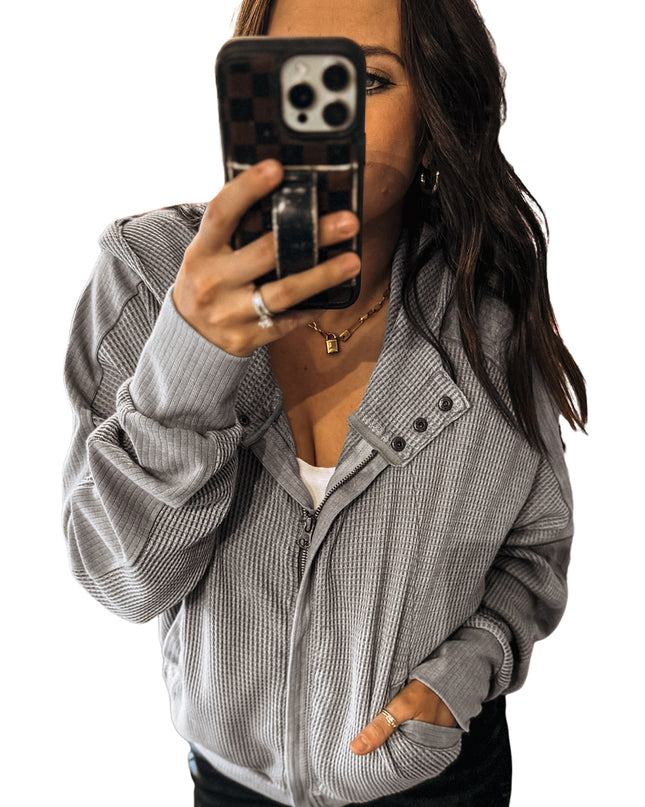Gray Waffle Splicing Zip Up Front Button Hooded Jacket