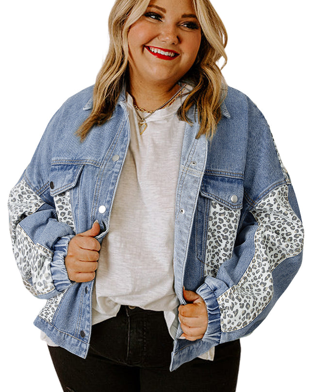 Beau Blue Leopard Patchwork Plus Size Denim Jacket