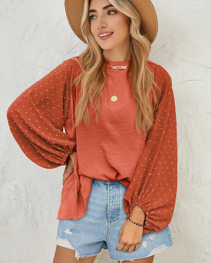 Russet Orange Swiss Dot Balloon Sleeve Patchwork Crinkle Blouse