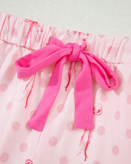 Pink Polka Dot and Bow Print Ruffle Hem Shorts Pajama Set